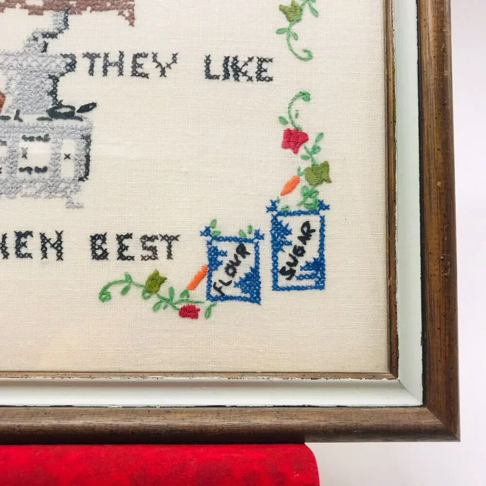 Vintage Framed Needlework Rustic Primitive Wall Decor 15 x 12 Inches
